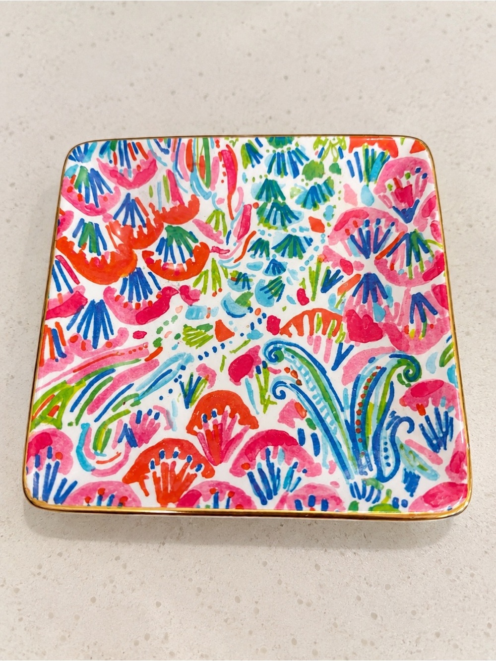 Lilly Pulitzer Floral Ceramic Trinket Dish Gold Trim 4" Square Catchall
